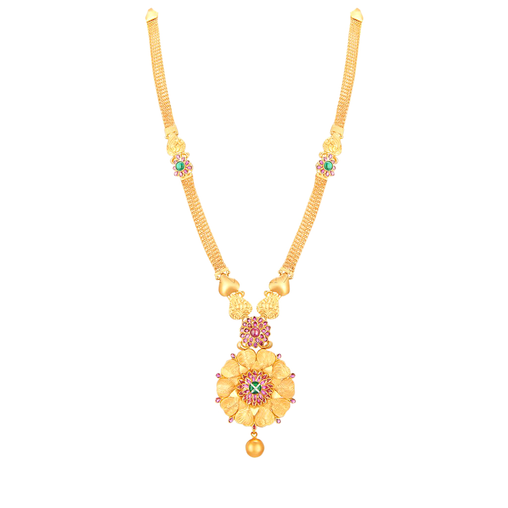 Gold Pink And Green Stone Flower Pendant Necklace