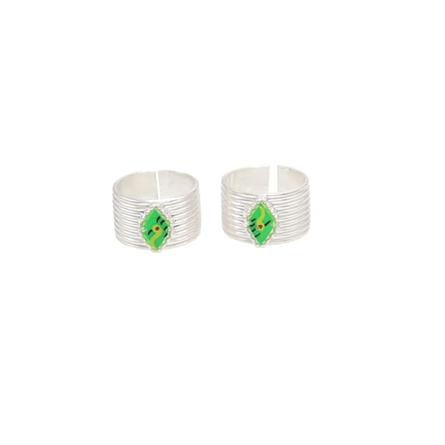 Silver Toe ring, Metti with Green Enamel Design